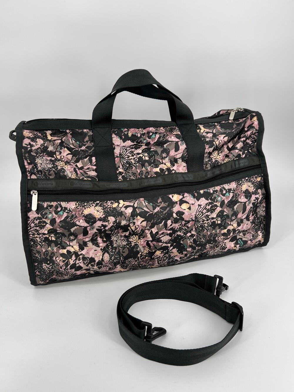 LeSportSac Deluxe Large Weekender Duffle Bag Gray Pink Abstract Floral Print
